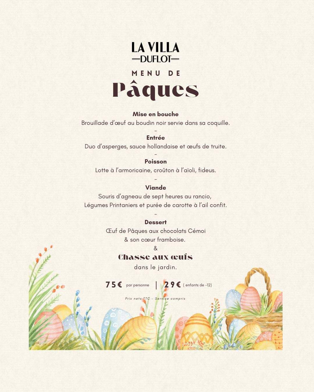 Menu de Pâques La Villa Duflot 