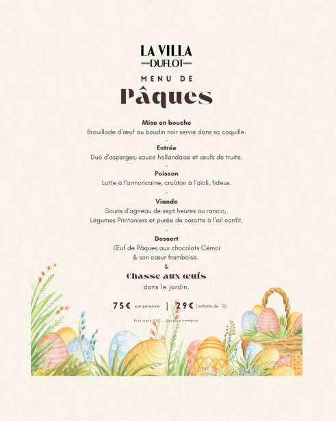Menu de Pâques La Villa Duflot